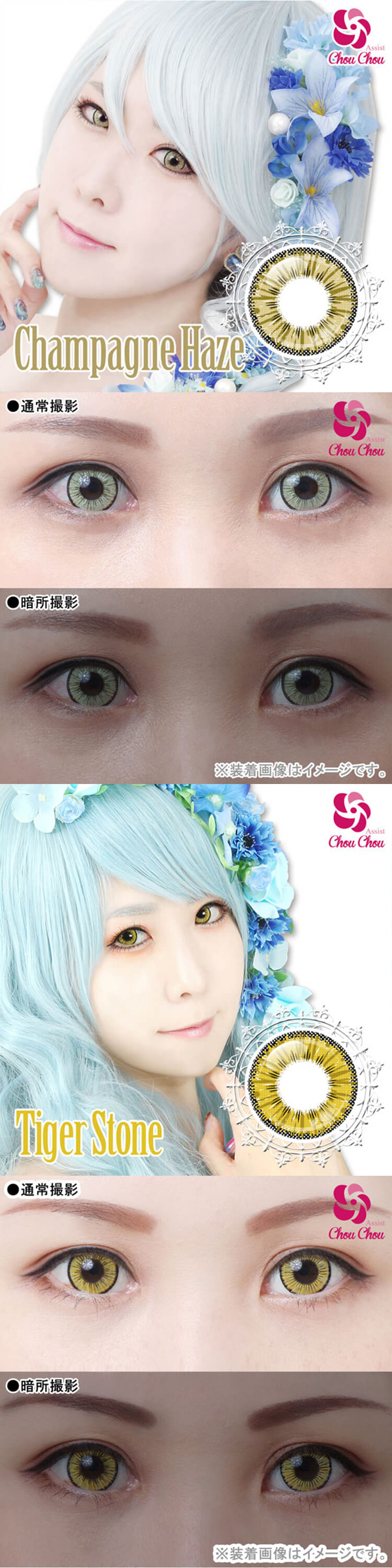 雪の結晶が瞳の中で輝いているようなキラキラ瞳のコスプレカラコン「アシストシュシュ アイスフローラワンデー」