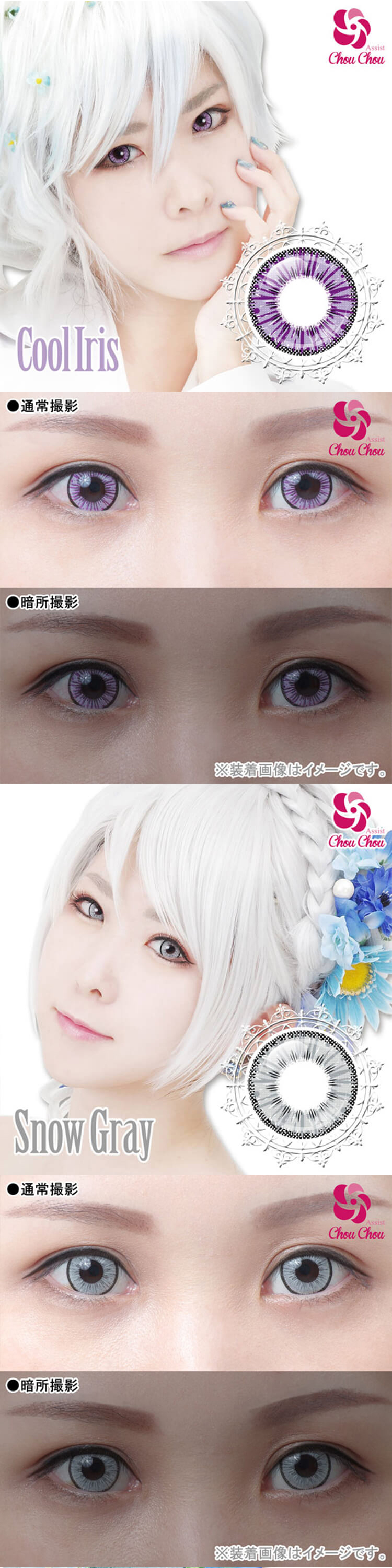 雪の結晶が瞳の中で輝いているようなキラキラ瞳のコスプレカラコン「アシストシュシュ アイスフローラワンデー」