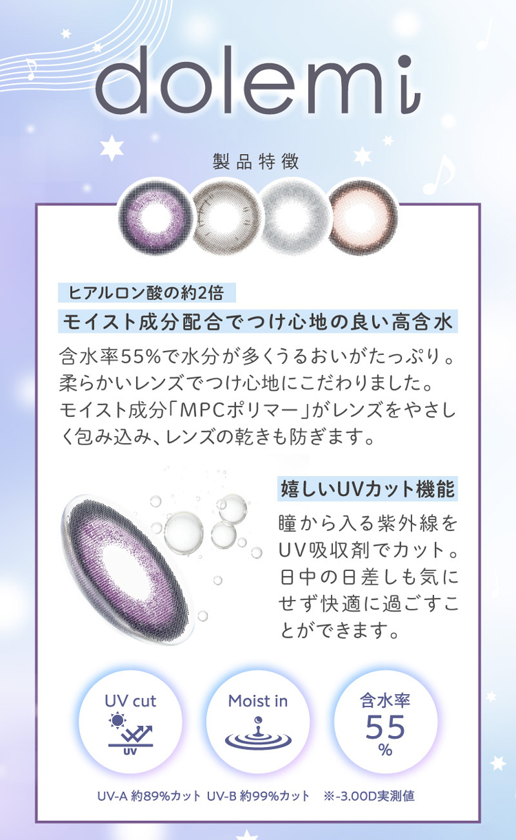 ワンデーリフレアドレミの製品特徴！嬉しいUVカット機能つきでモイスト成分配合の高含水レンズ