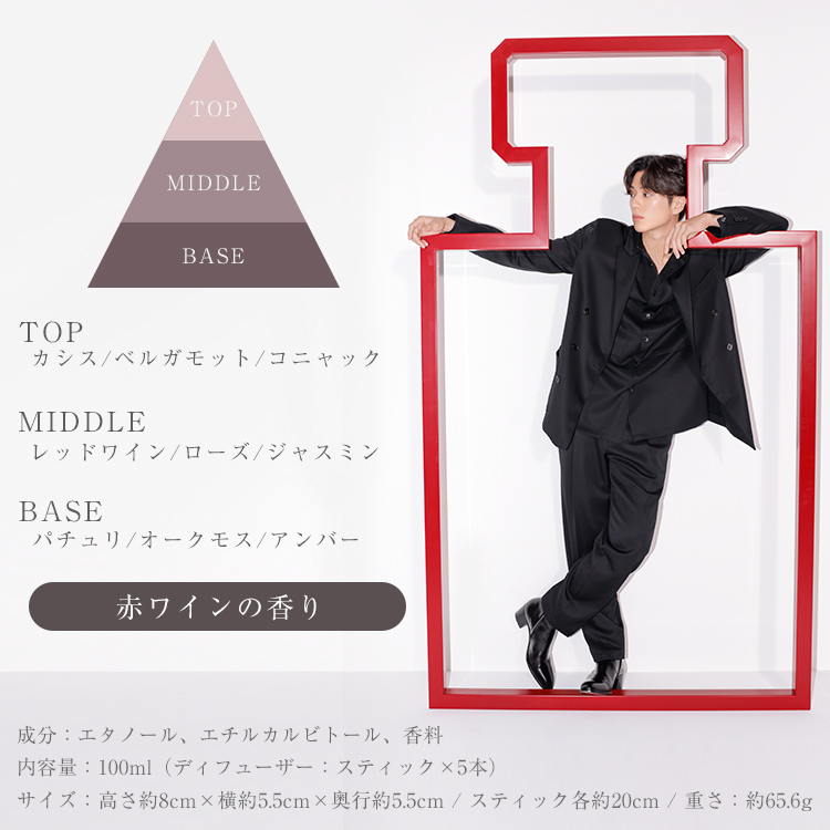 はじけるシャンパン調のトップから深いフルボディ調のラストまで一貫して落ち着いたプライベート空間を演出する赤ワインの香り。